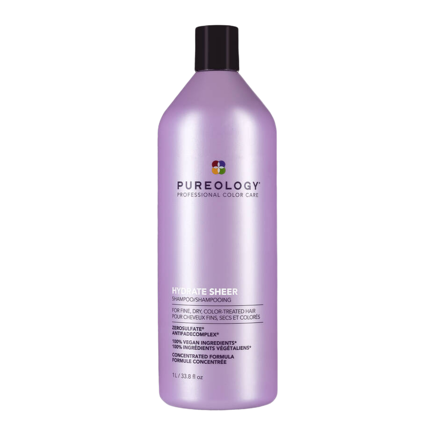 Purple shampoo bottle with black cap on a white background