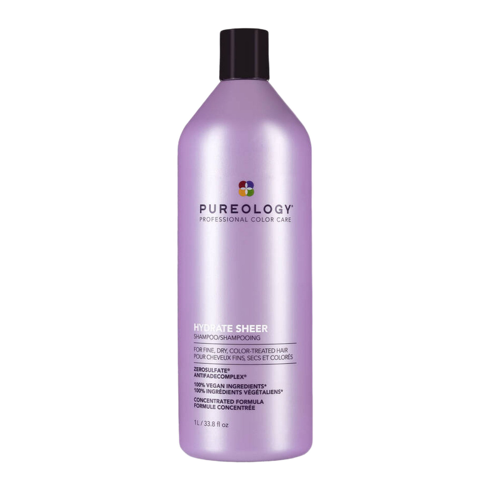 Purple shampoo bottle with black cap on a white background