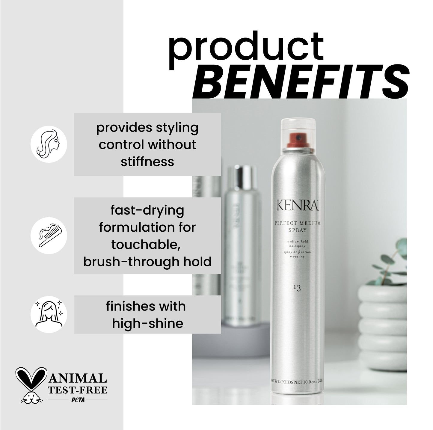 Kenra hair spray bottle with product benefits listed on a gray background