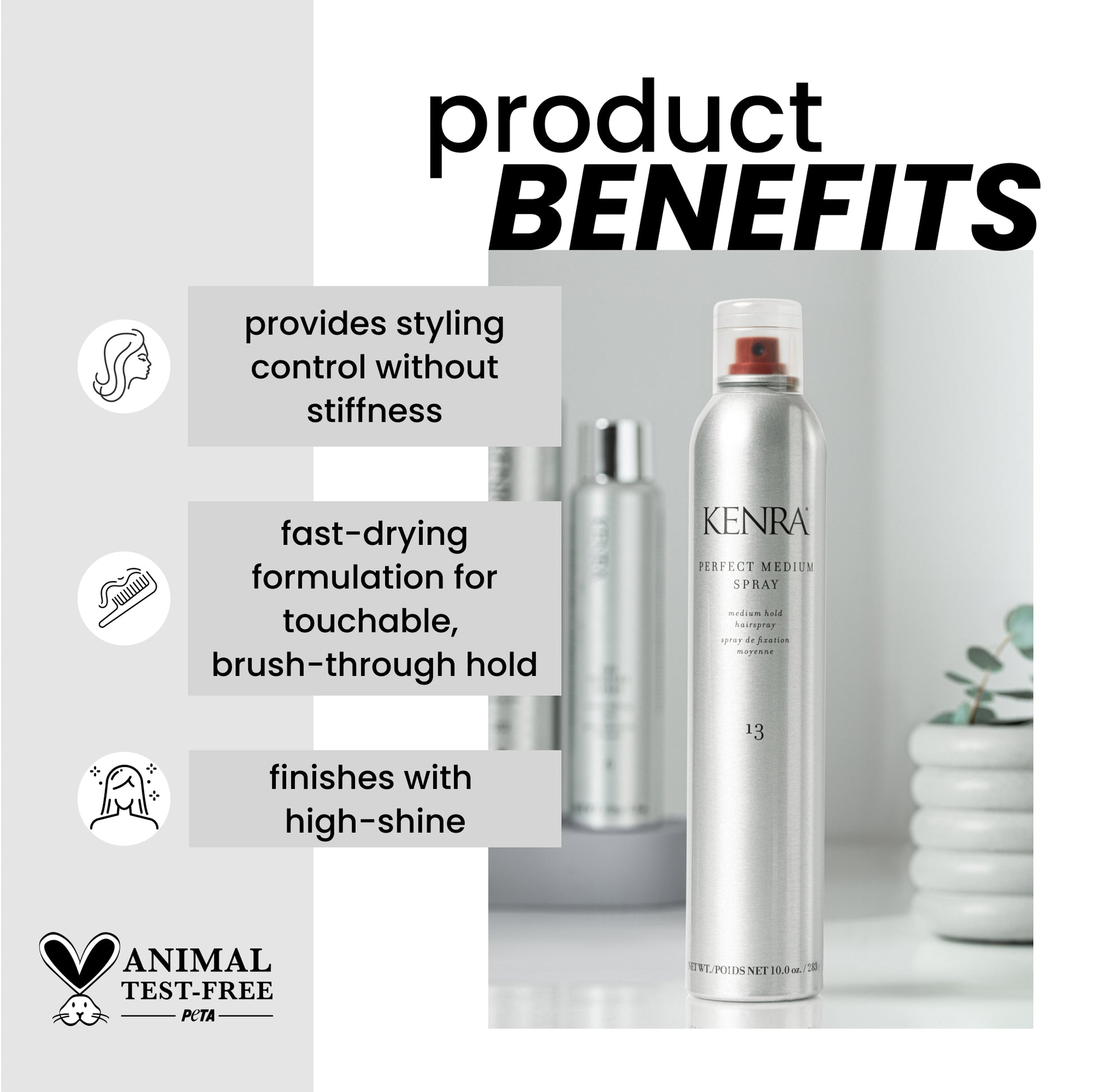 Kenra hair spray bottle with product benefits listed on a gray background