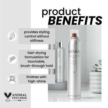 Kenra hair spray bottle with product benefits listed on a gray background