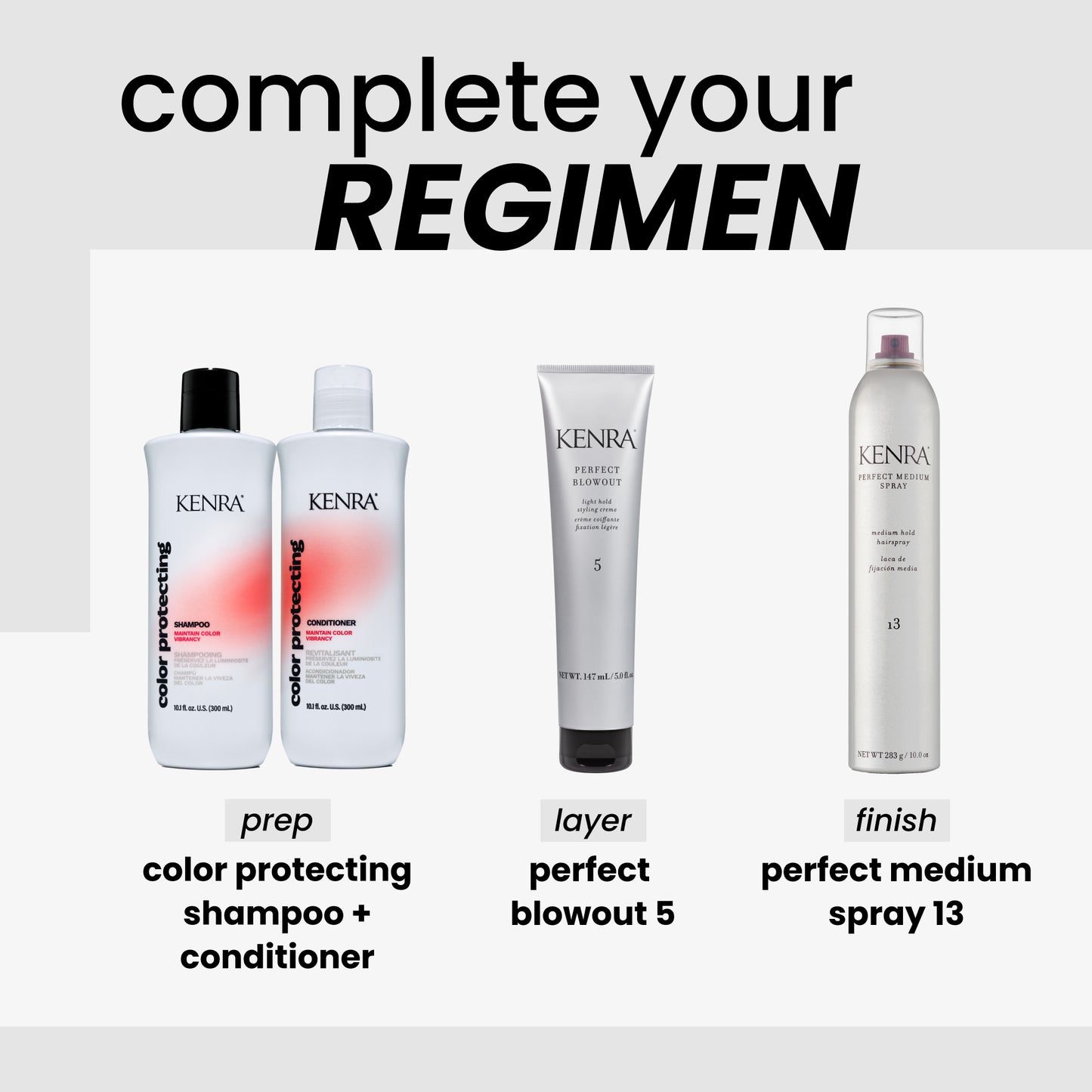 Kenra hair care products with text 'complete your regimen' on a white background