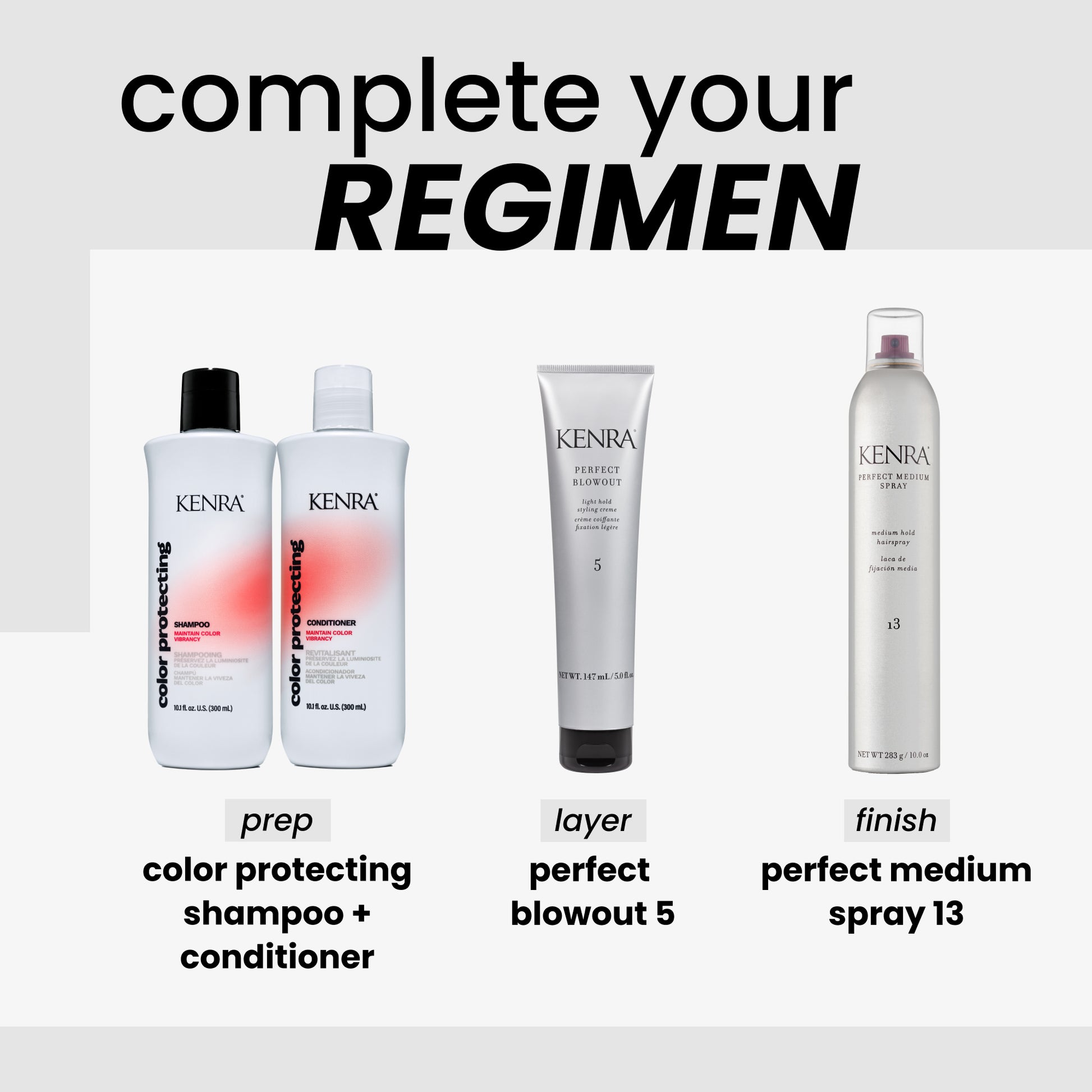 Kenra hair care products with text 'complete your regimen' on a white background