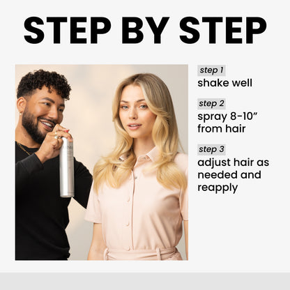 Step-by-step guide with a man and woman using a hair product, featuring how to text instructions.