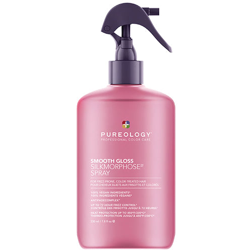 Pink bottle of Pureology Smooth Gloss SilkMorphose Spray on a white background