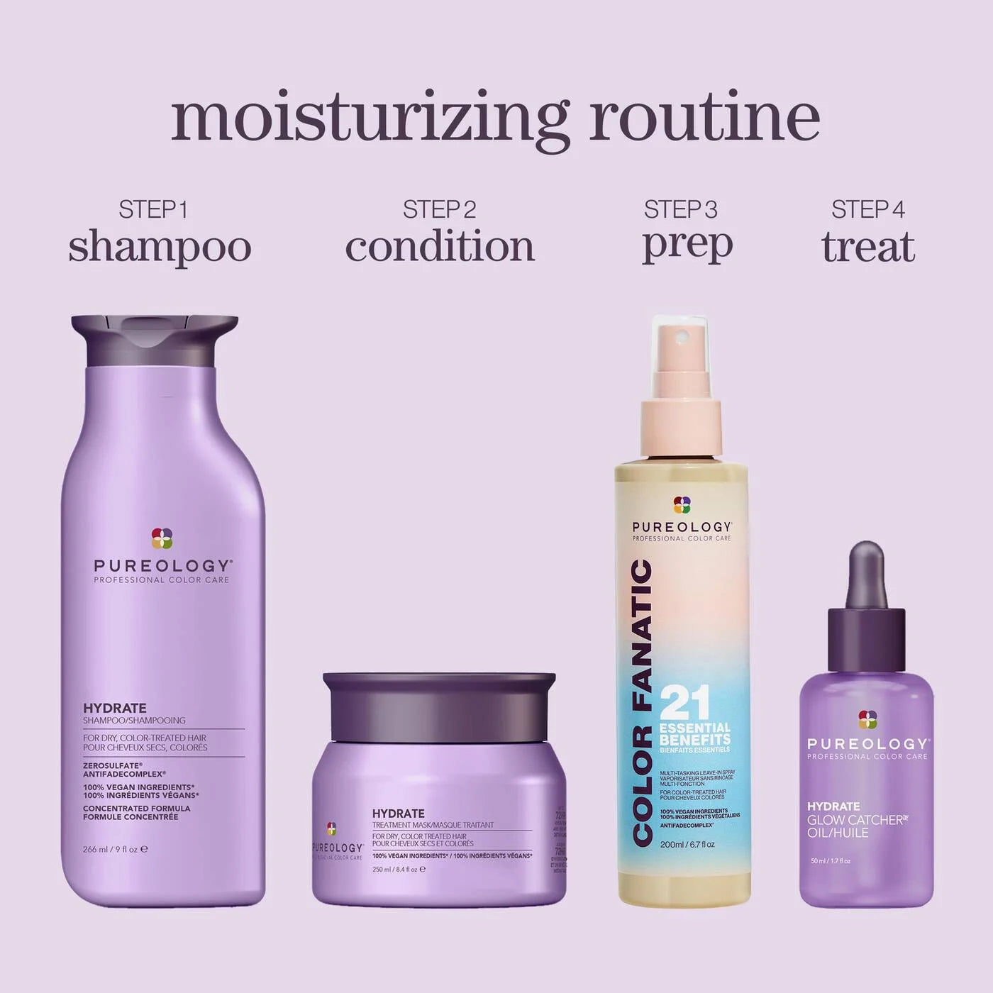Set of Pureology hair care products with step-by-step instructions on a light purple background