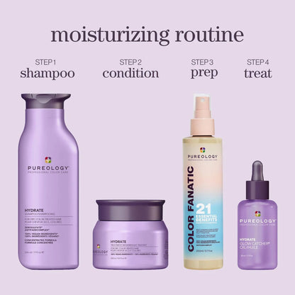 Set of Pureology hair care products with step-by-step instructions on a light purple background
