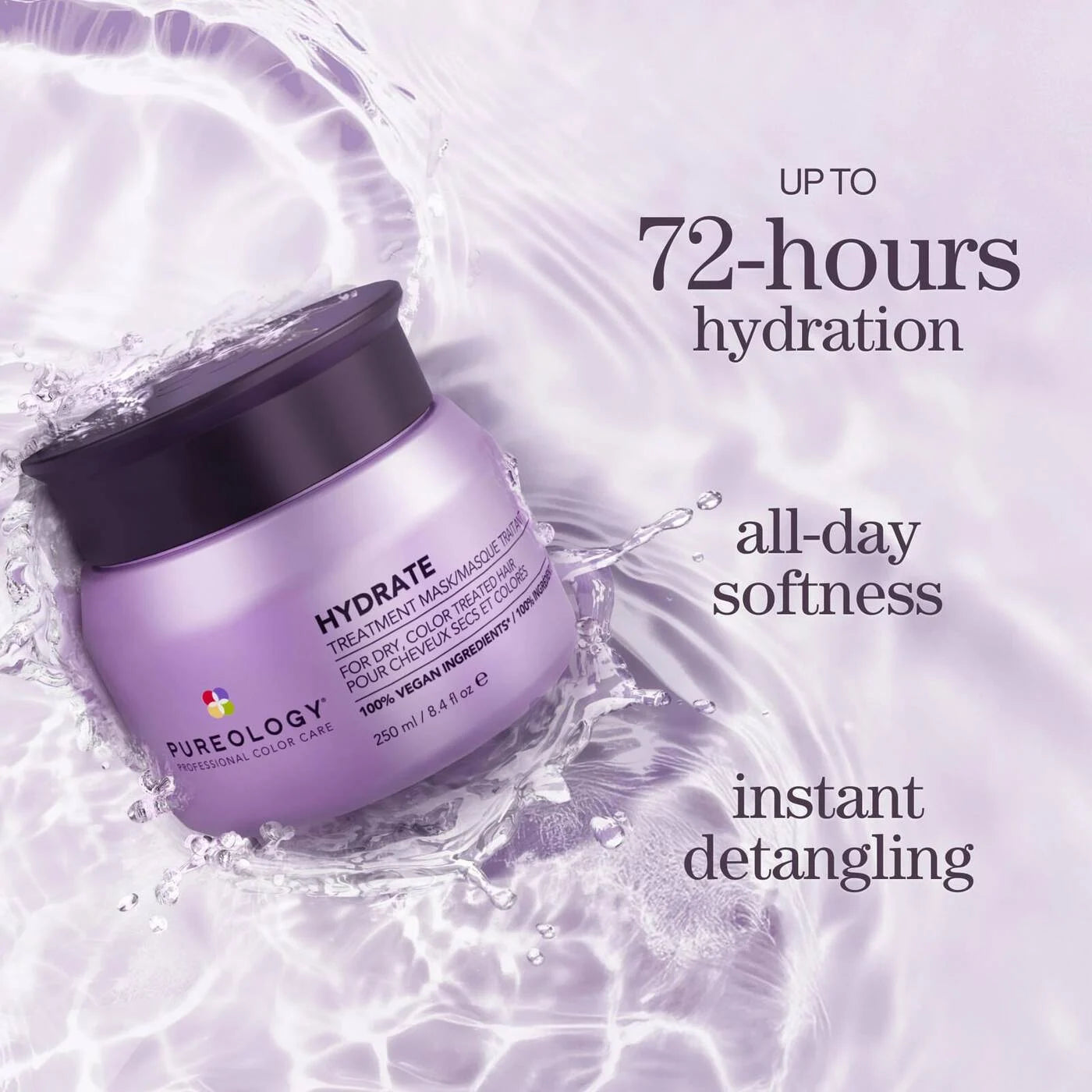 Purple hair treatment jar with water droplets and text about hydration and softness on a light background