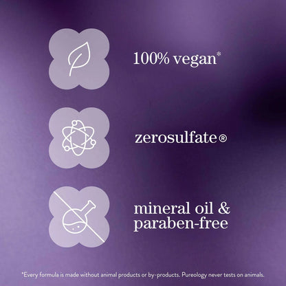 Vegan, zero sulfates, mineral oil, and paraben-free product label on a purple background