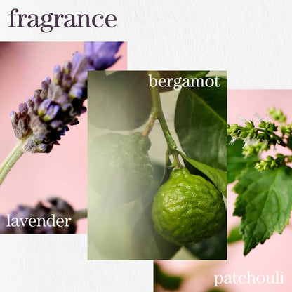 Three fragrances represented by lavender, bergamot, and patchouli with corresponding images.