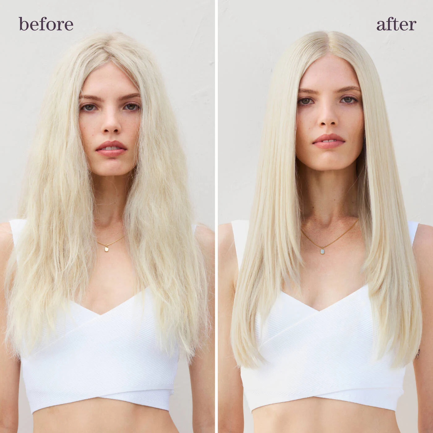 Before and after comparison of a woman with long blonde hair styled differently.