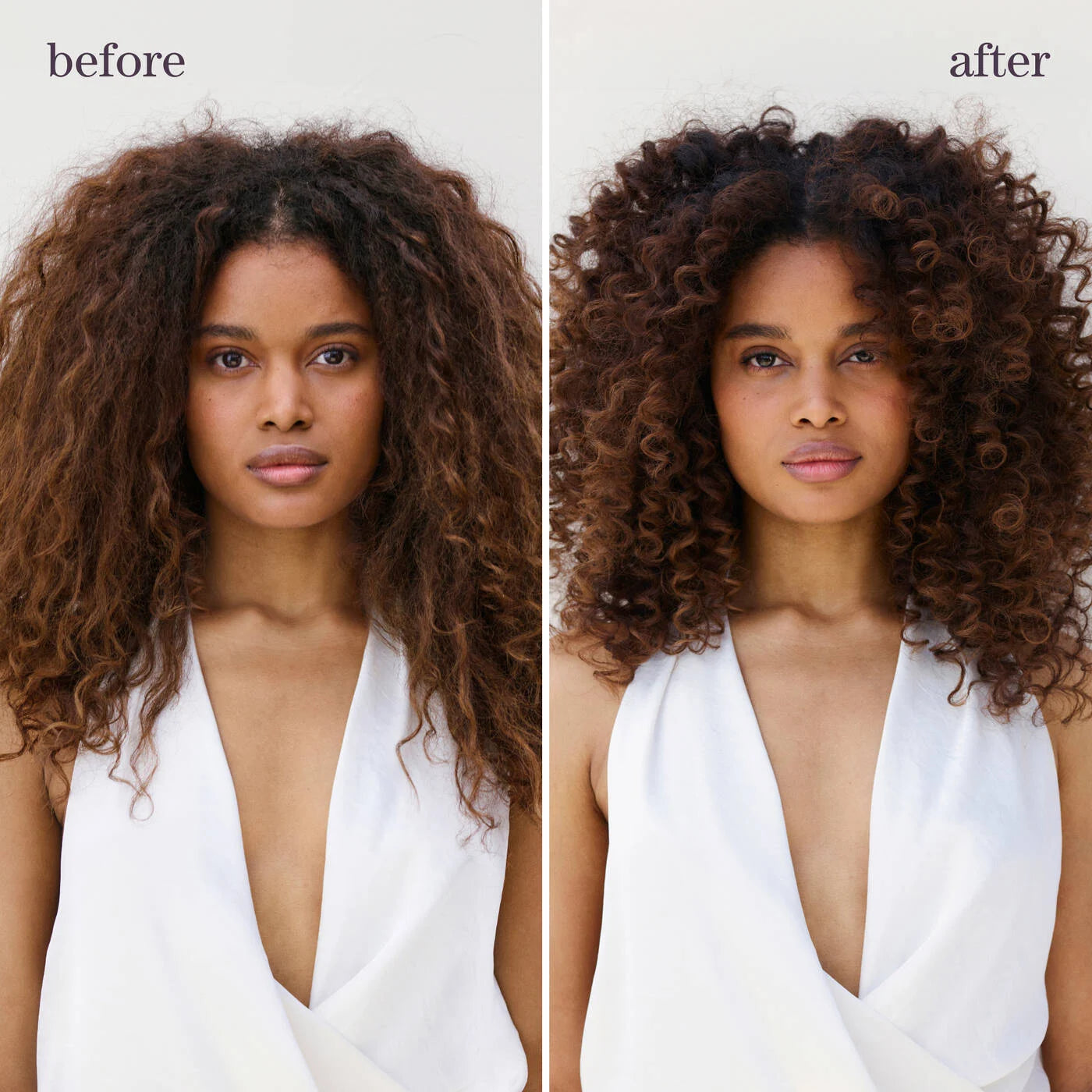 Before and after comparison of a woman with curly hair styled differently.