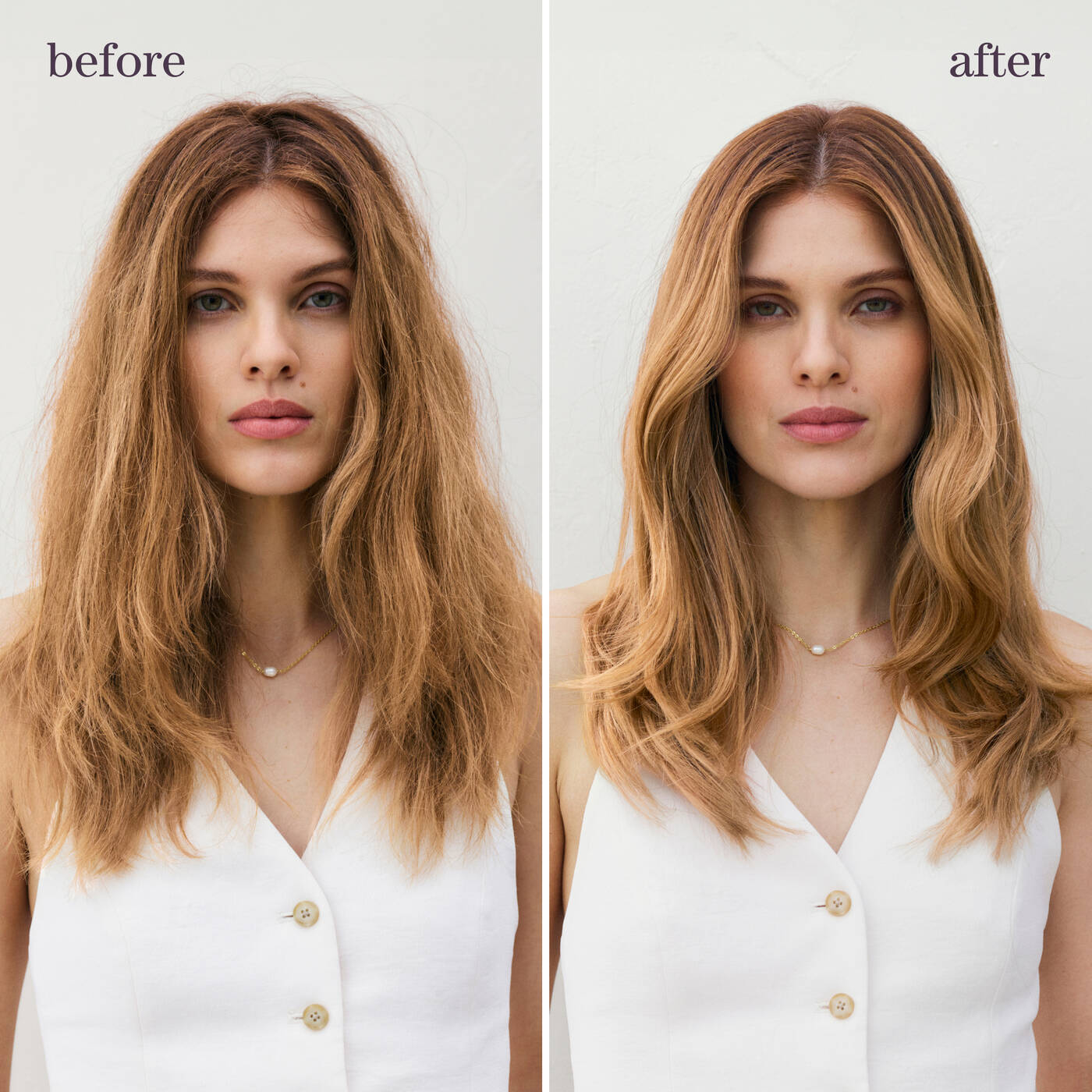 Before and after comparison of a woman with long hair styled differently.