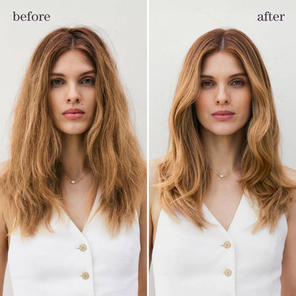 Before and after comparison of a woman with long hair styled differently.