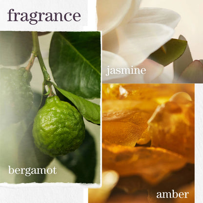 Collage of bergamot, jasmine, and ambre scents with corresponding images.