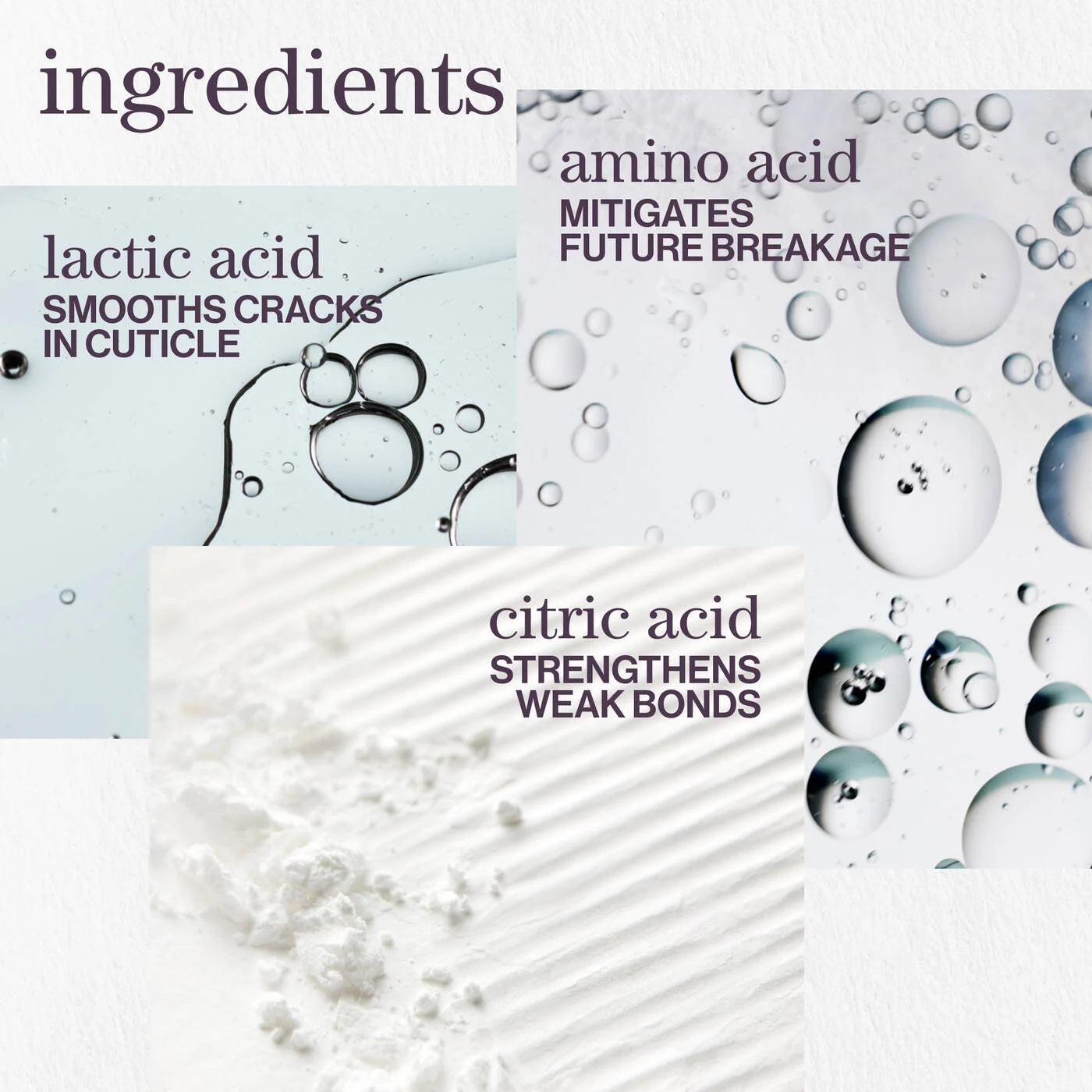 Product packaging with ingredients listed, including lactic acid and amino acid, on a white background with bubbles.