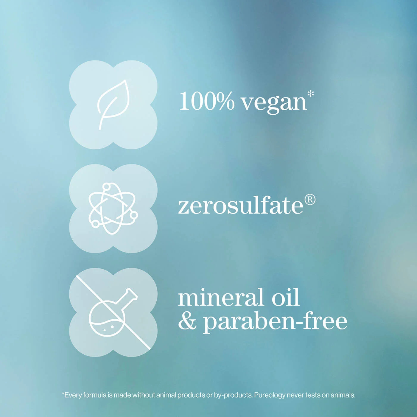 Certification icons for 100% vegan, zerosulfate, mineral oil & paraben-free on a blue background.