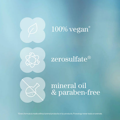 Certification icons for 100% vegan, zerosulfate, mineral oil & paraben-free on a blue background.