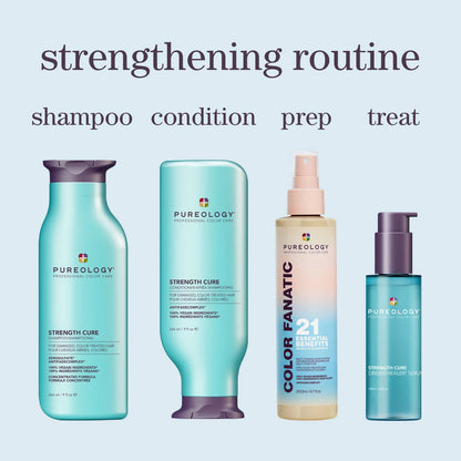Set of Pureology hair care products with text indicating a strengthening routine on a light blue background.