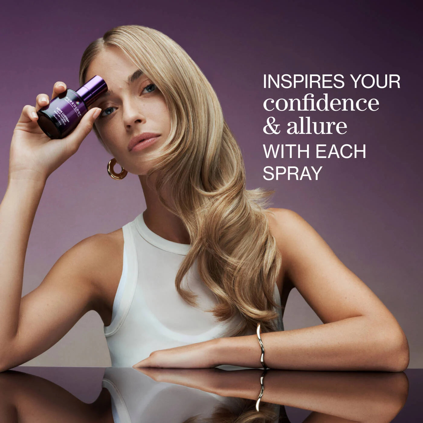 Woman holding a bottle of perfume with text about confidence and allure on a purple background
