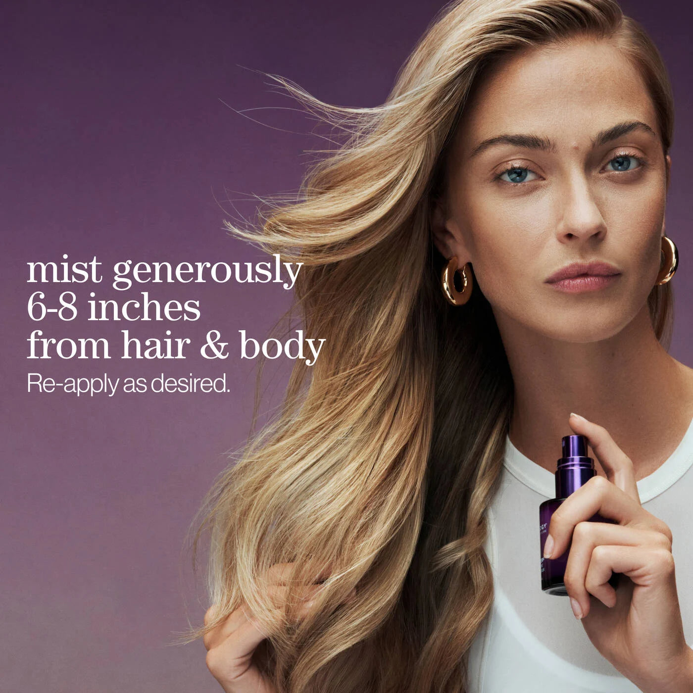 Woman holding a purple spray bottle with text on a purple background