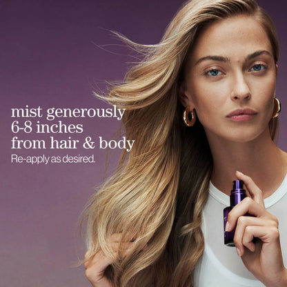Woman holding a purple spray bottle with text on a purple background