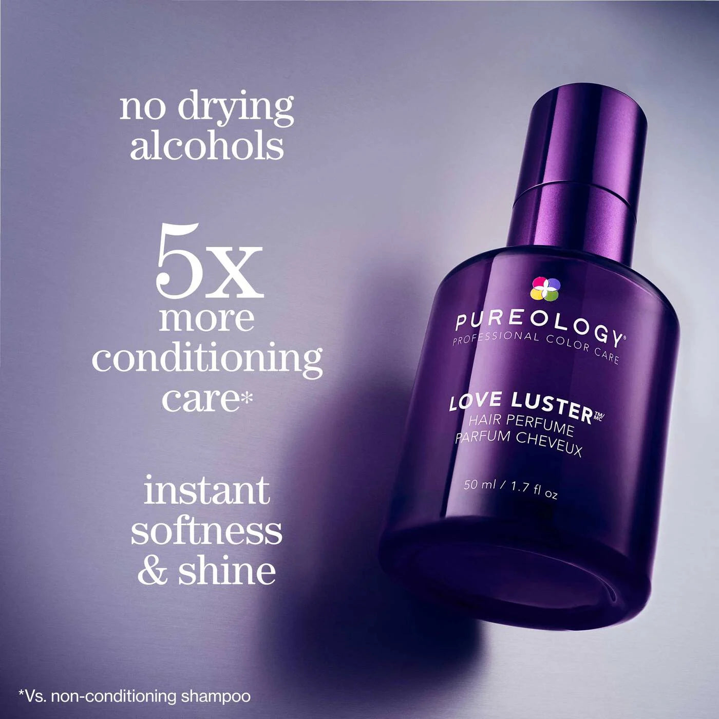 Purple Pureology hair perfume bottle with text highlighting features on a purple background