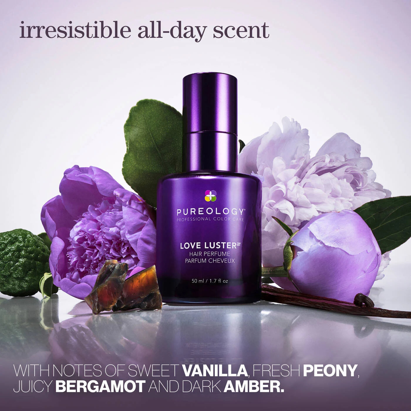 Purple hair perfume bottle with flowers on a light background