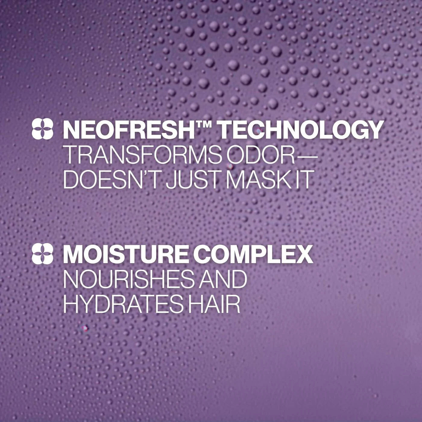 Text about Neofresh technology and moisture complex on a purple background with water droplets.