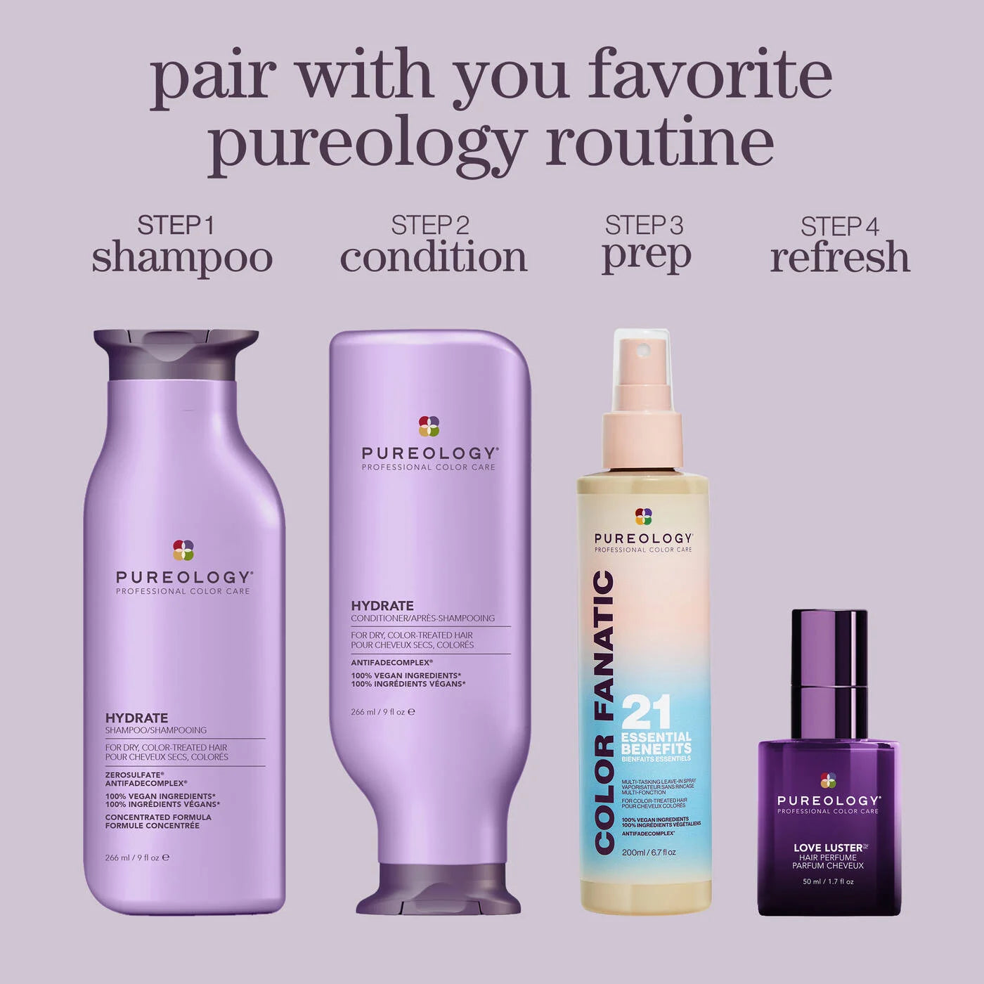 Pureology hair care product lineup with step-by-step instructions on a light purple background