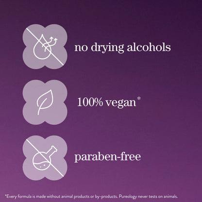 Purple background with icons and text indicating no drying alcohols, 100% vegan, and paraben-free on a purple background.