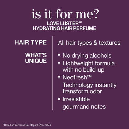 Promotional text for Love Luster Hydrating Hair Perfume on a purple background