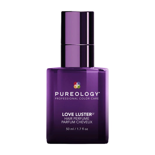 Purple bottle of Pureology Love Luster hair perfume on a white background