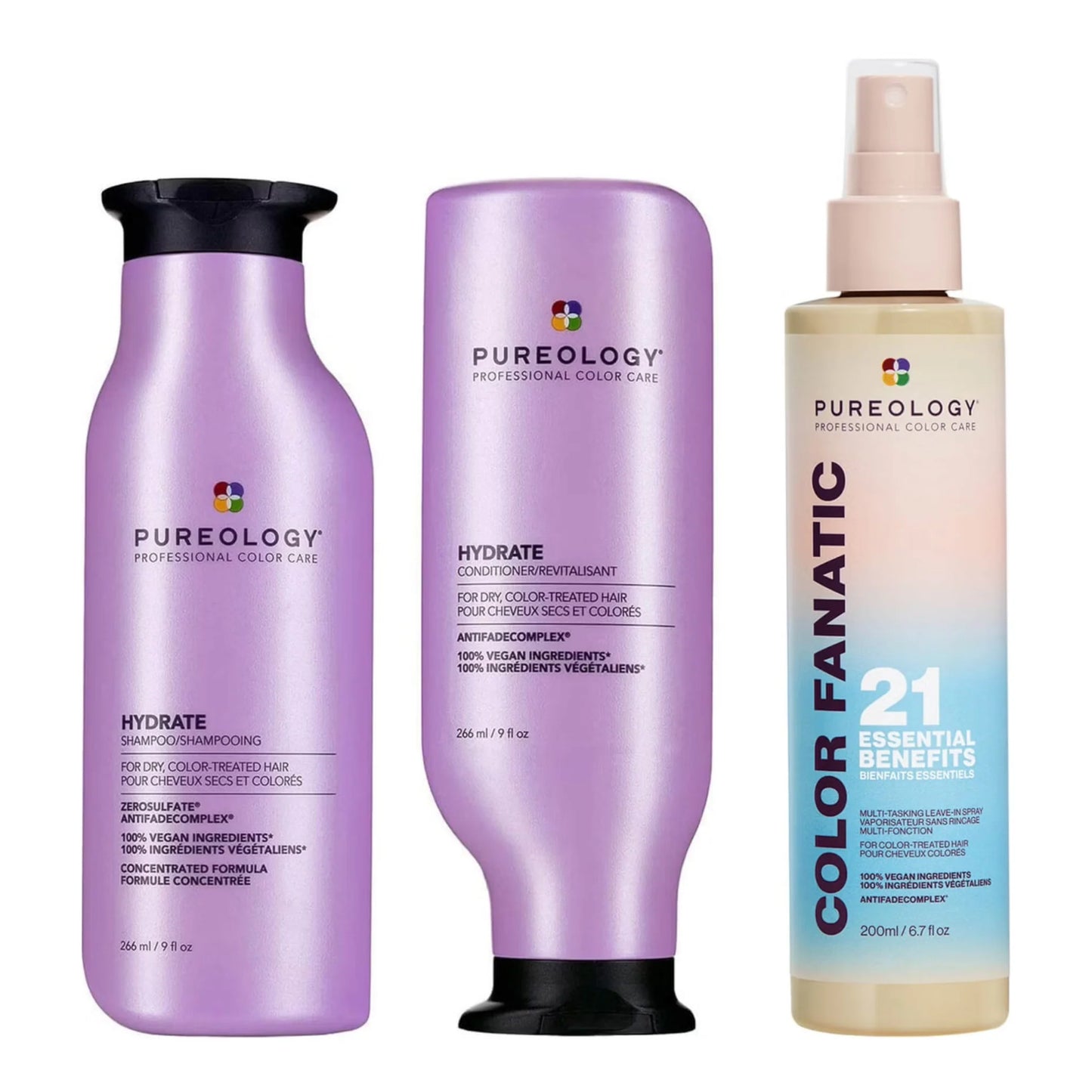 Pureology Hydrate shampoo and conditioner retail size with a bottle of Color Fanatic 200ml spray hair care products 