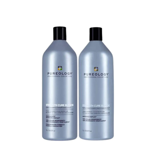 Two bottles of Pureology strength cure blonde litre duo hair care product on a white background