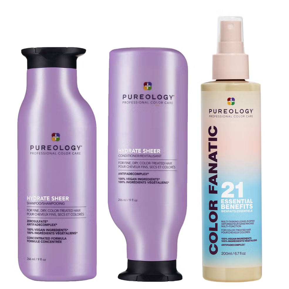 Three Pureology hair care products on a white background