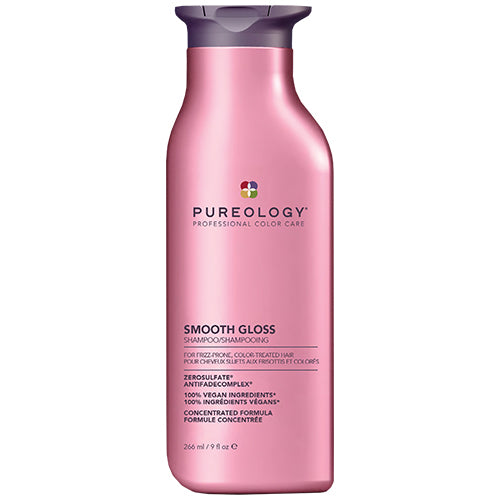 Pink shampoo bottle with 'Pureology' smooth gloss branding on a white background