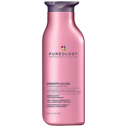 Pink shampoo bottle with 'Pureology' smooth gloss branding on a white background