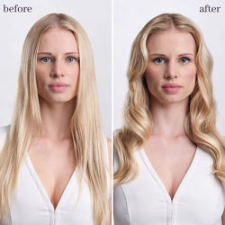 Before and after comparison of a woman with styled hair against a white background