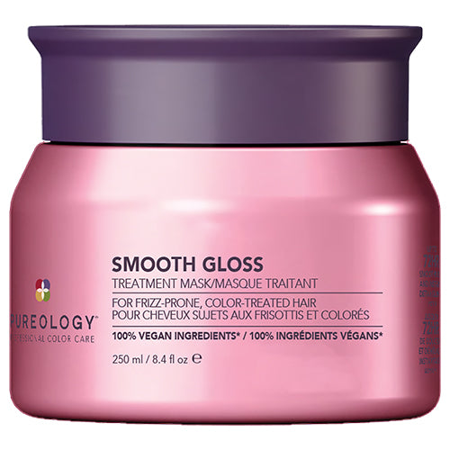 Pink jar of Pureology Smooth Gloss Treatment Mask with purple lid on a white background