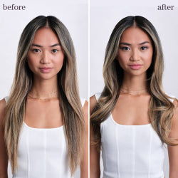 Before and after comparison of a woman with long hair, wearing a white top that have used Pureology Smooth Gloss mask