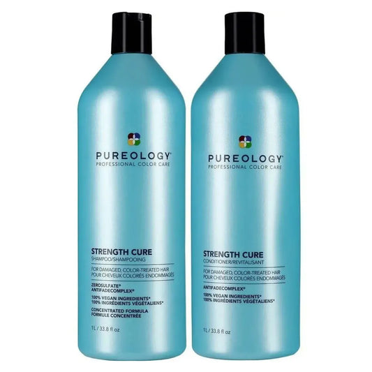 Two bottles of Pureology Strength Cure shampoo and conditioner on a white background