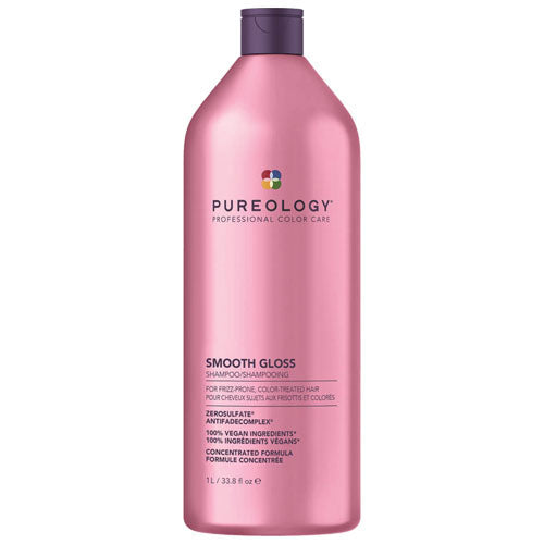 Pink bottle of Pureology Smooth Gloss shampoo litre on a white background