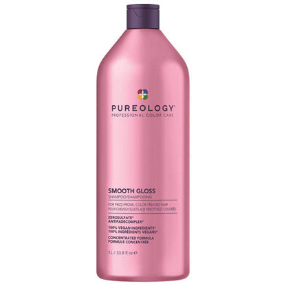 Pink bottle of Pureology Smooth Gloss shampoo litre on a white background