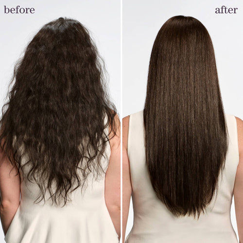 Before and after comparison of straightened hair on a person that used Pureology smooth gloss shampoo