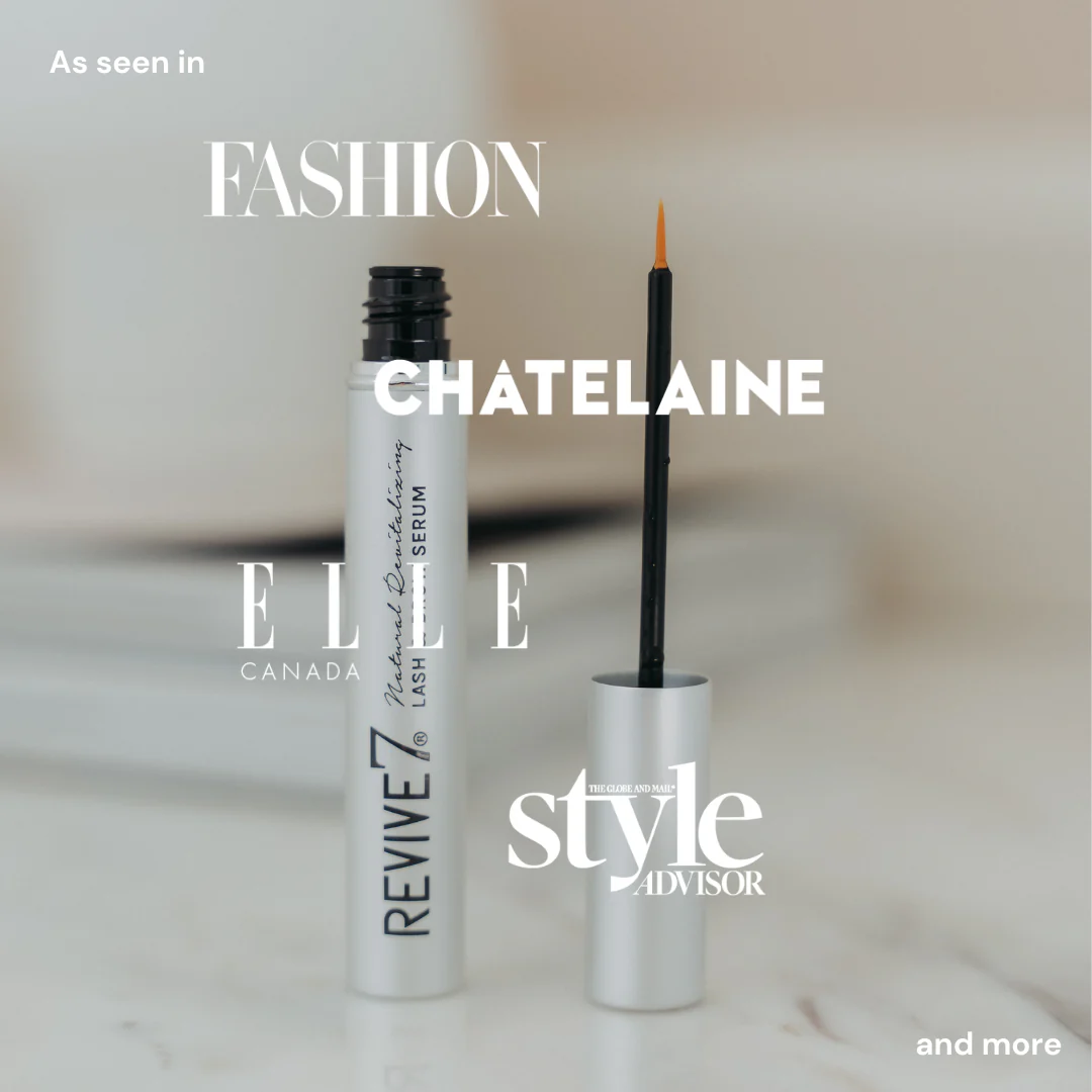 Lash serum with applicator on a marble surface, featuring multiple brand logos.