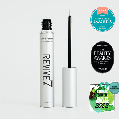 Revive7 lash serum with award badges on a white background