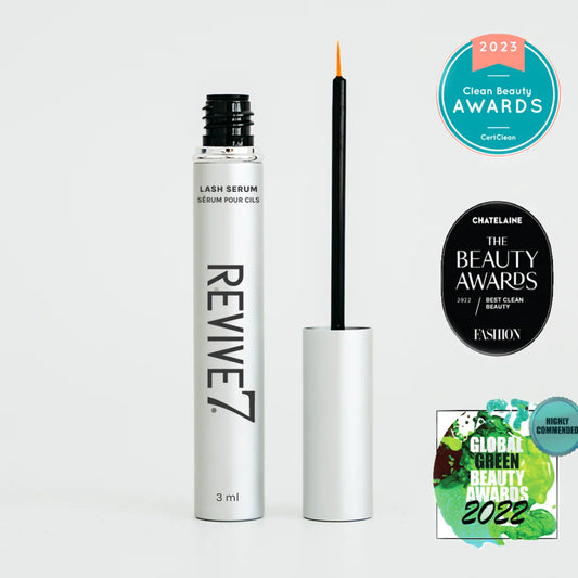 Revive7 lash serum with award badges on a white background