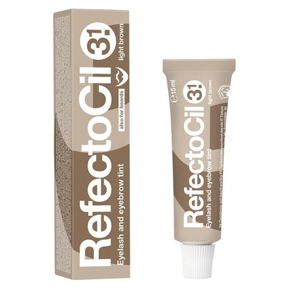 RefectoCil Light brown 3.1 eyelash and eyebrow tint packaging with tube and box on a white background