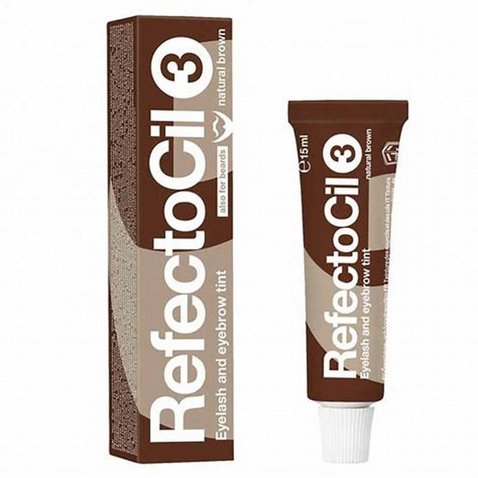 RefectoCil natural brown 3 eyelash and eyebrow tint packaging on a white background